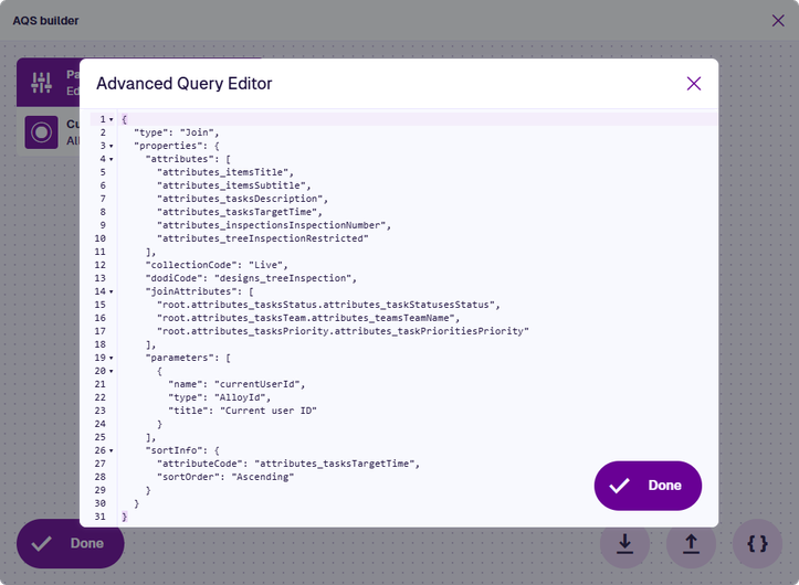 Entering JSON code into the Advanced Query Editor in the AQS Builder