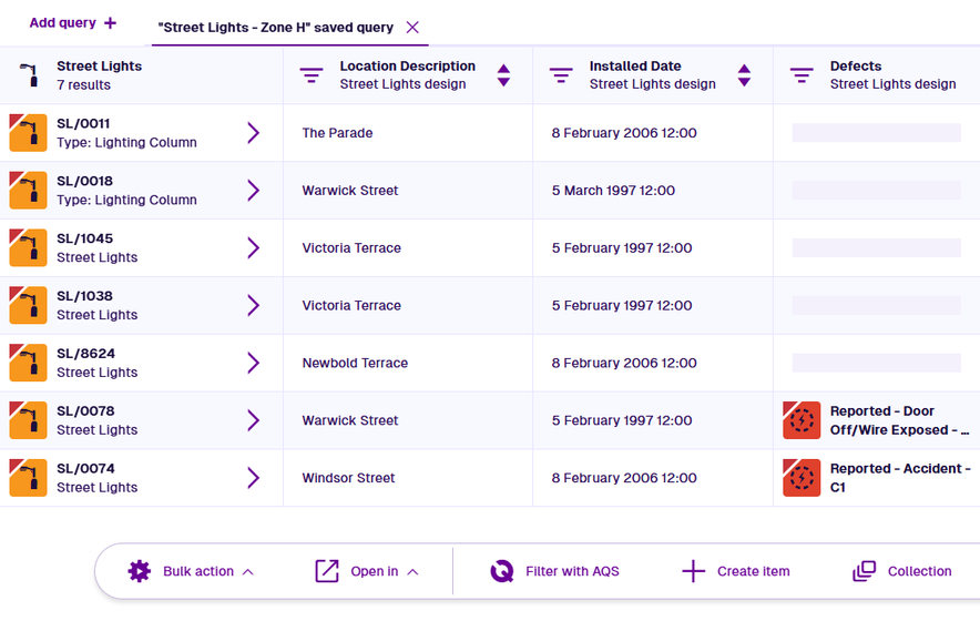 A query showing Street Lights items in the Archive collection