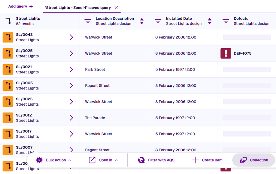 A query showing Street Lights items in the Live collection