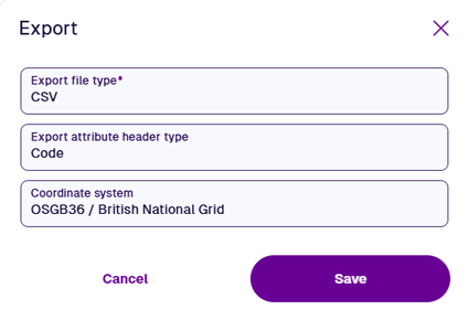 The Export window showing a chosen file type, attribute header type and coordinate system