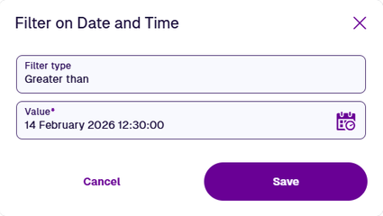 The Filter On window showing the chosen filter and provided value