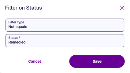 The Filter On window showing the chosen filter and provided value