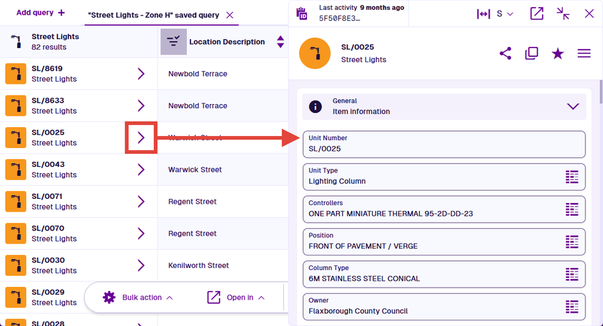 The active query tab results, overlaid by the item details panel