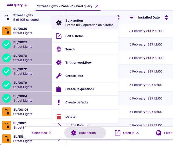 The Bulk action menu open in the toolbar, with multiple items selected