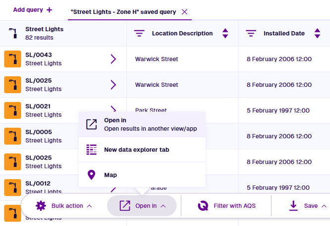 The Open In menu open in the header bar, with multiple items selected.