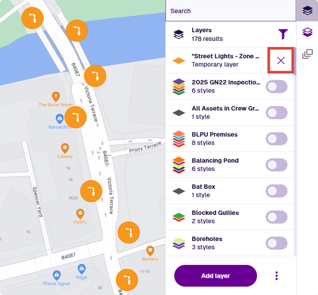 The Layers panel showing a temporary layer named Street Lights.