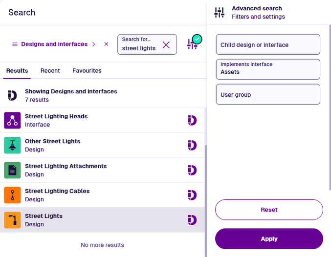 The Search window showing designs and interfaces that match the term - street lights. The Advanced search panel is visible, with the Implements Interface setting set to - Assets