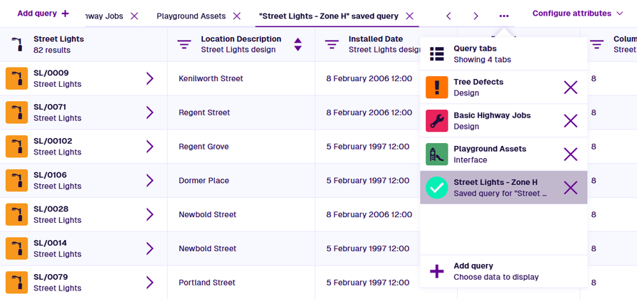 A screenshot showing 4 query tabs in the header bar, which are also shown in the open Query Tabs popover