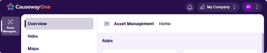 The CausewayOne sidebar with Asset Management highlighted and CausewayOne header with Company Switch and User Menu