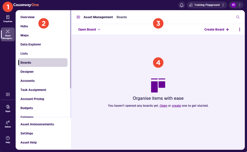 The CausewayOne Asset Management interface with numbered key areas