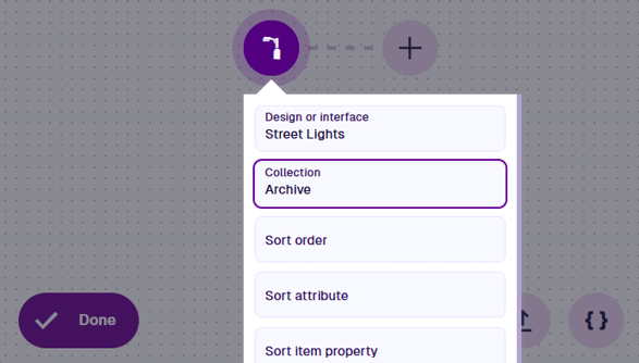 The Collection property highlighted in the menu of the query's root node, within the AQS Builder
