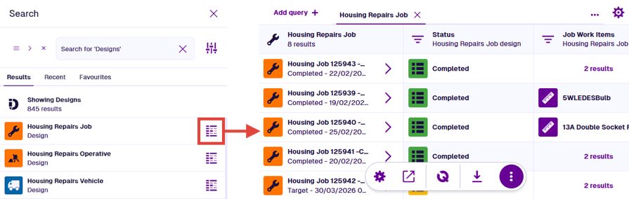 The items of the Housing Repair Jobs design displayed in the Data Explorer