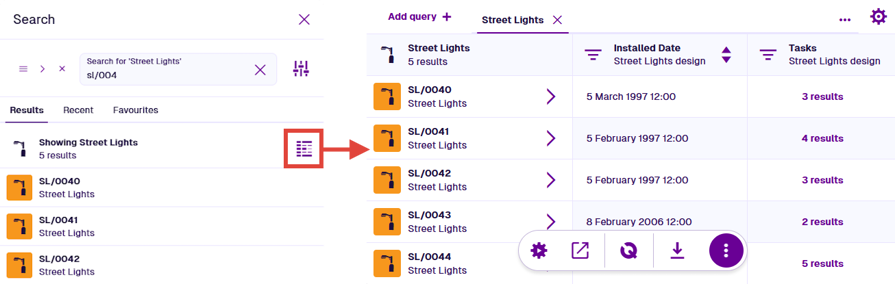 The resulting Street Lights items displayed in the Data Explorer app