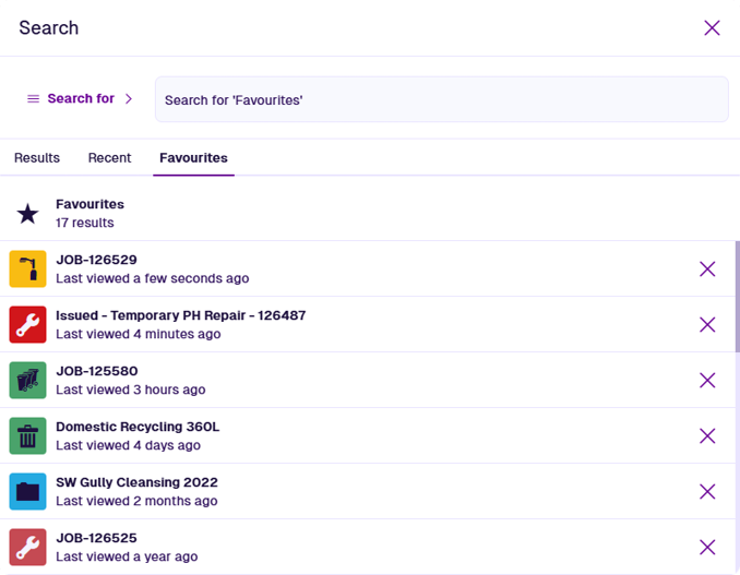 The Favourites tab showing various types of items and features