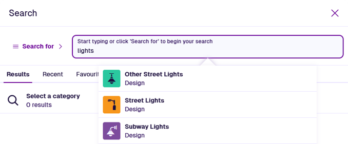 The search box suggesting designs that match the typed keyword