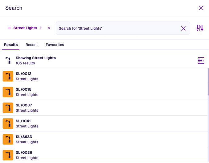 The search window listing items of the chosen Street Lights design