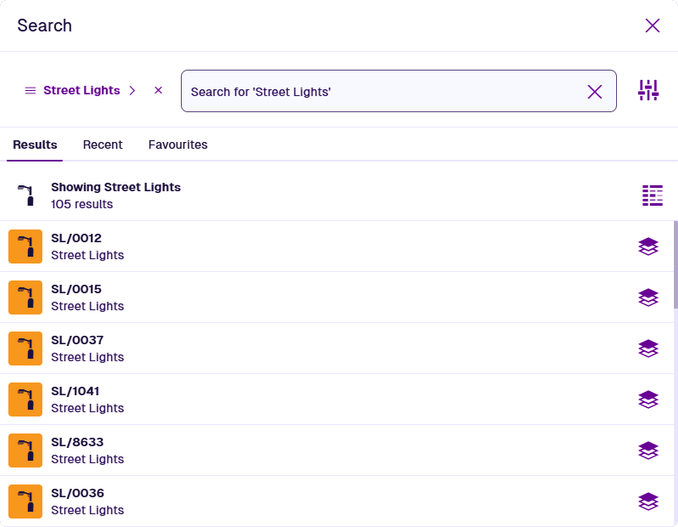 The search window listing items of the chosen Street Lights design