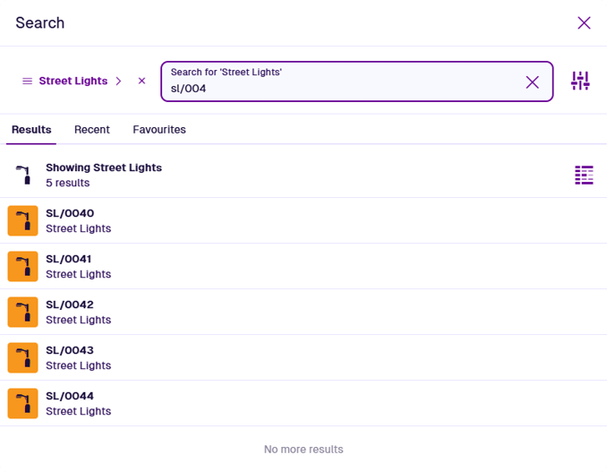 The search window listing items of the Street Lights design that match the typed search term