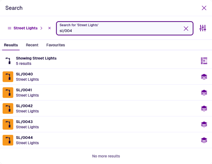 The search window listing items of the Street Lights design that match the typed search term