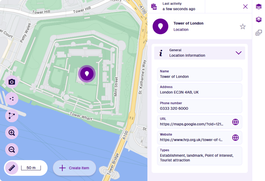 The Tower of London location shown in the Maps app