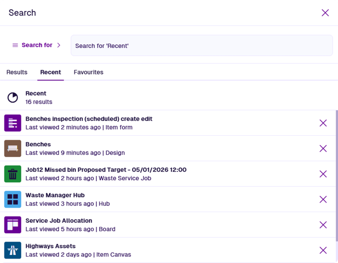 The Recent tab showing various types of items and features