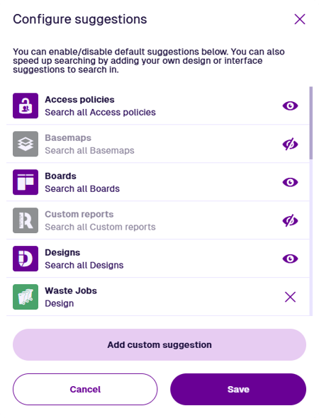 The Configure Suggestions window showing a draggable list of suggestions that can be switched on/off