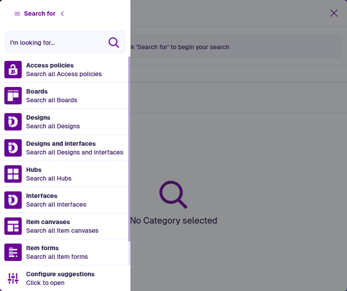 The list of suggested categories shown after selecting the Search For button