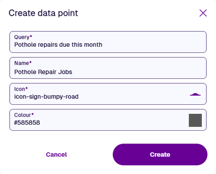 The Create Data Point window