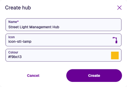 The Create Hub window displaying the properties of a new hub