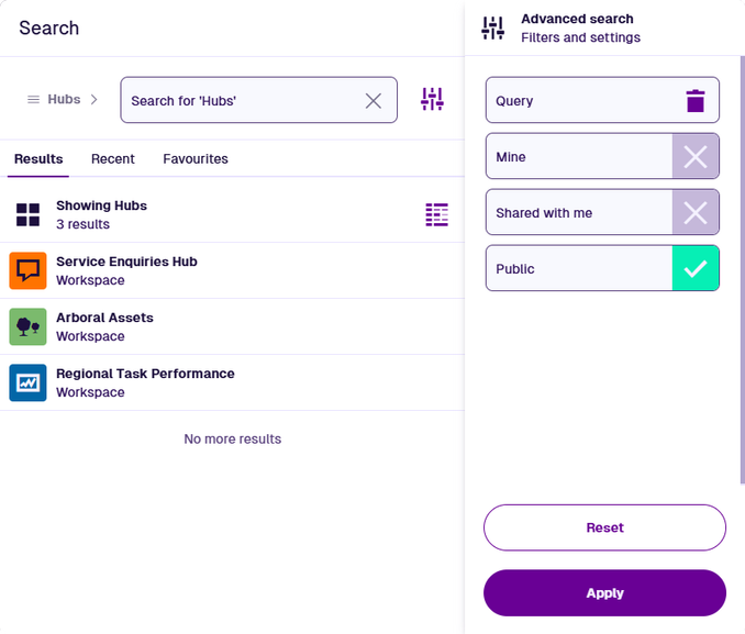 The Search window showing a filtered set of hubs