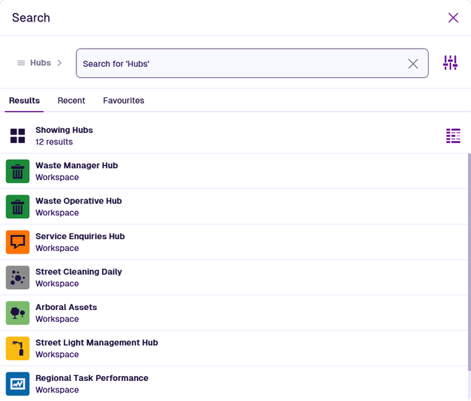 A list of hubs in the Search window