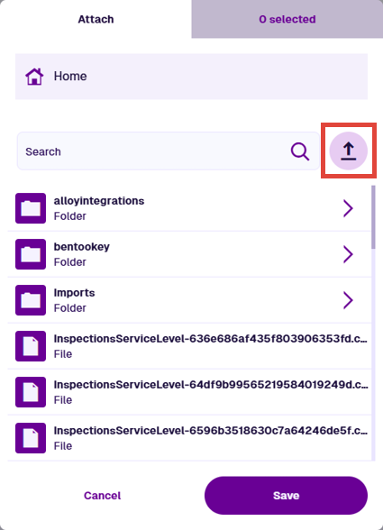 The file picker listing folders, with the upload button highlight.
