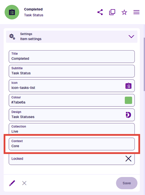 The Settings section of an example item showing its Context property