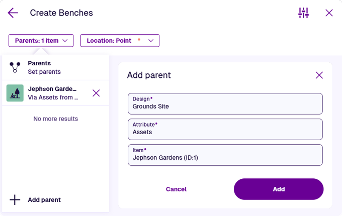 The Parents dropdown and Add Parent window
