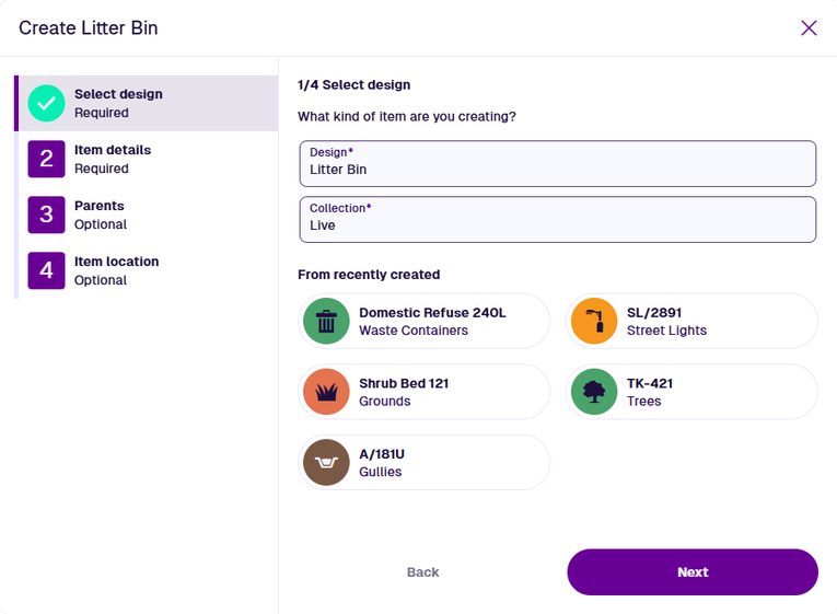 The Select design step showing suggested designs and recent items