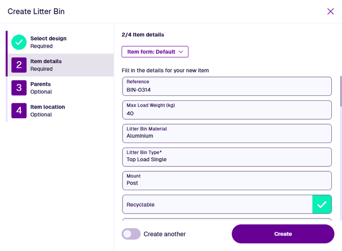 The Item Details step showing the item form button and attribute fields