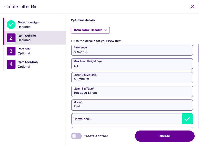 The Item Details step showing the item form button and attribute fields