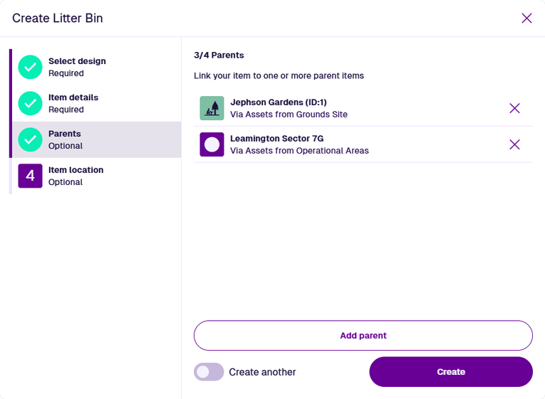 The Parents step listing linked parent items and the Add Parent window