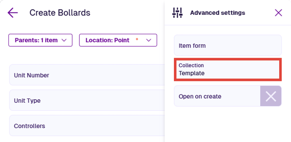 The Item Creator displaying the Advanced Settings pane, with the Collection property set to Template