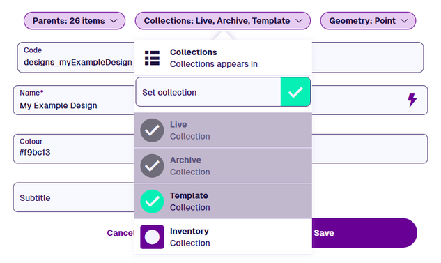 The Collections popover showing in the Details section of a design