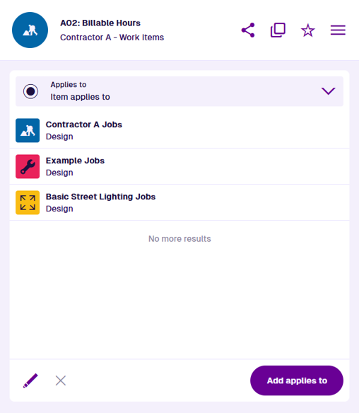 The Applies To section of an example work item. It lists 3 designs: Contractor A Jobs, Example Jobs and Street Lighting Jobs