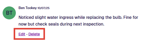 An example comment with the Edit and Delete buttons highlighted