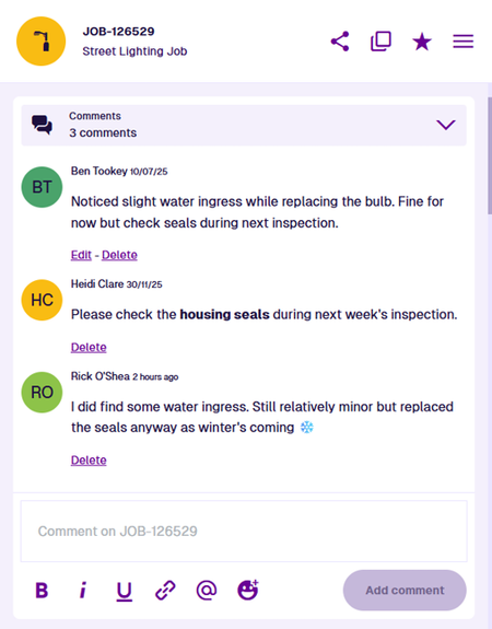 A Comments section displaying the data of an example item