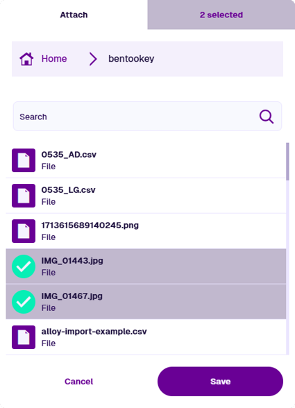 Selecting uploaded files in the Attachments window