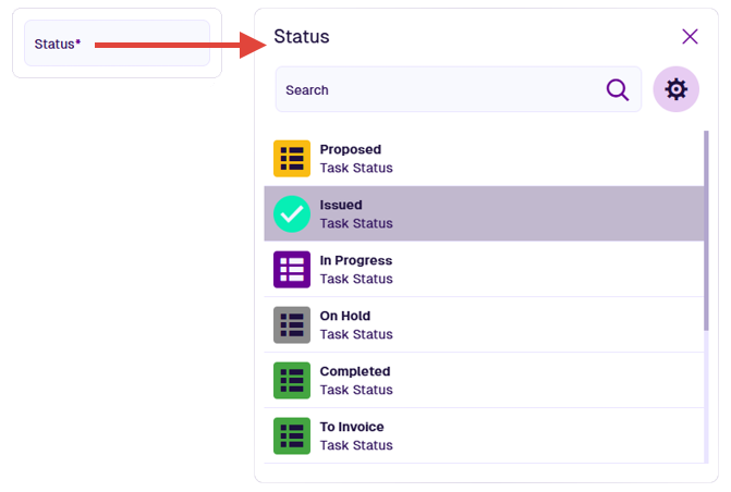 Selecting the Status Link attribute of a task item and choosing one from the list