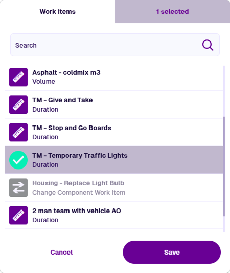 The list of work items applicable to the example job item