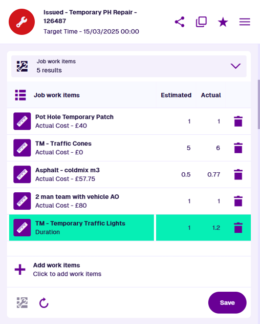 The new job work item appears in the Job Work Items section. It is green, indicating that it has no required attributes to populate, and can therefore be saved.