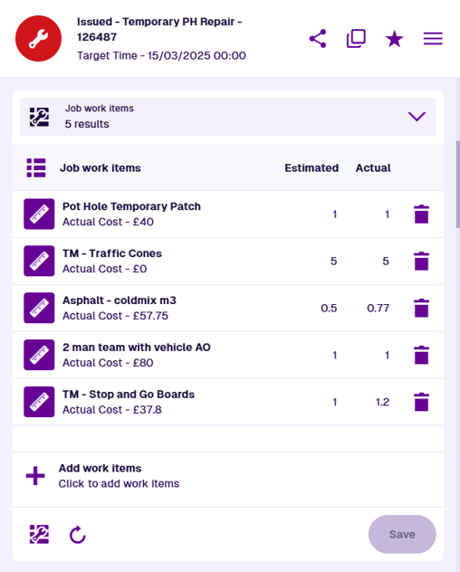 A Job Work Items section displaying the data of an example job item