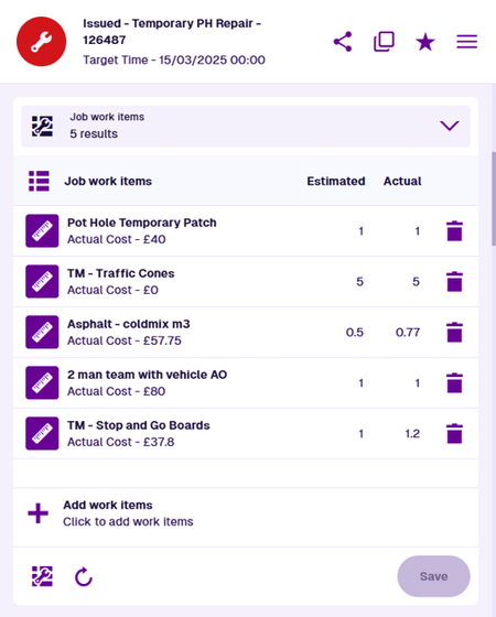 A Job Work Items section displaying the data of an example job item
