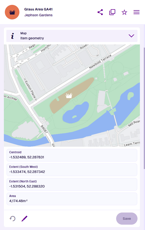 The Map section of an example item, showing the item's geometry overlaid on a mini map